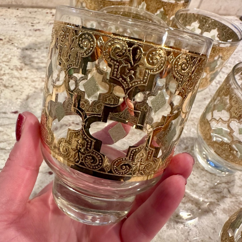 1960s Vintage MCM 22k Gold Culver Valencia Footed Cocktail Glasses set of 7✨
